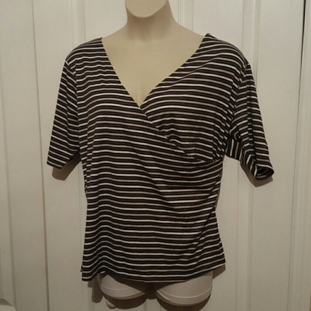 No Comment Black White Striped Faux Wrap Shirt NWT